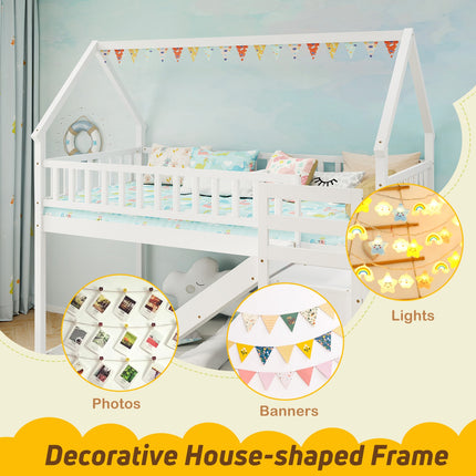 Twin Over Twin Bunk Bed with Slide and Staircase-White