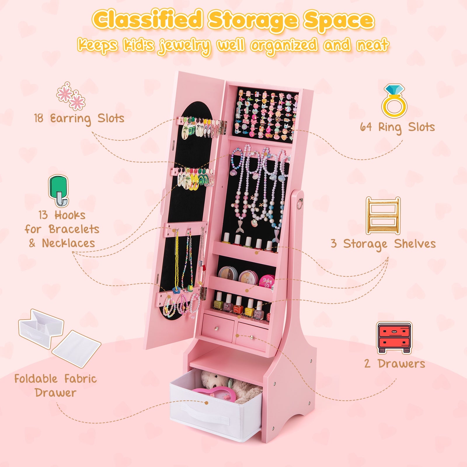 Freestanding Kids Jewelry Armoire Cabinet with Storage and 2 Tilt Angles-Pink