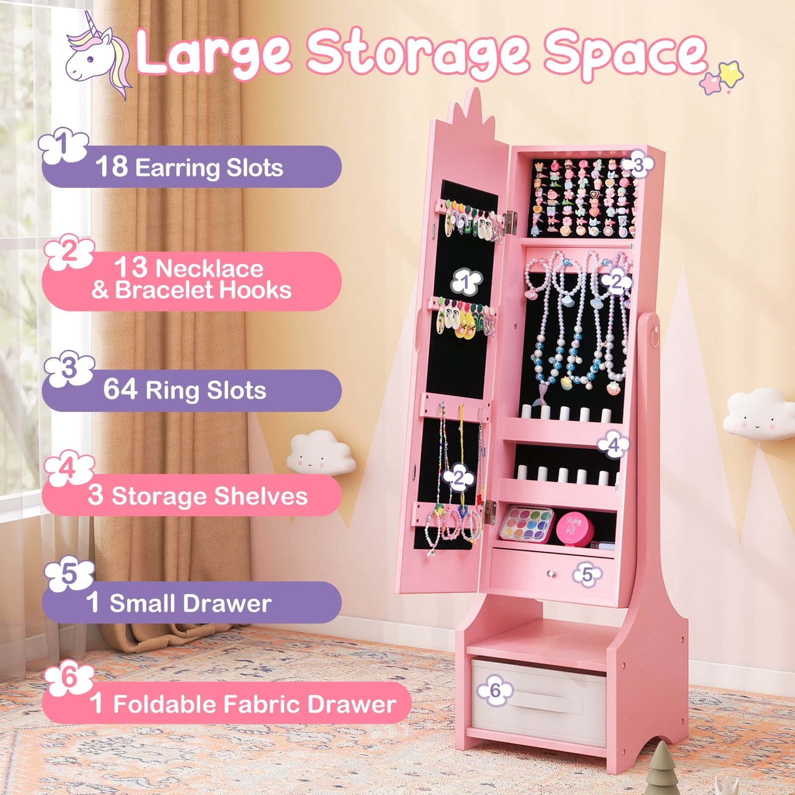 Kids Jewelry Cabinet with Full-Length Mirror for Kids Bedroom and Playroom-Pink