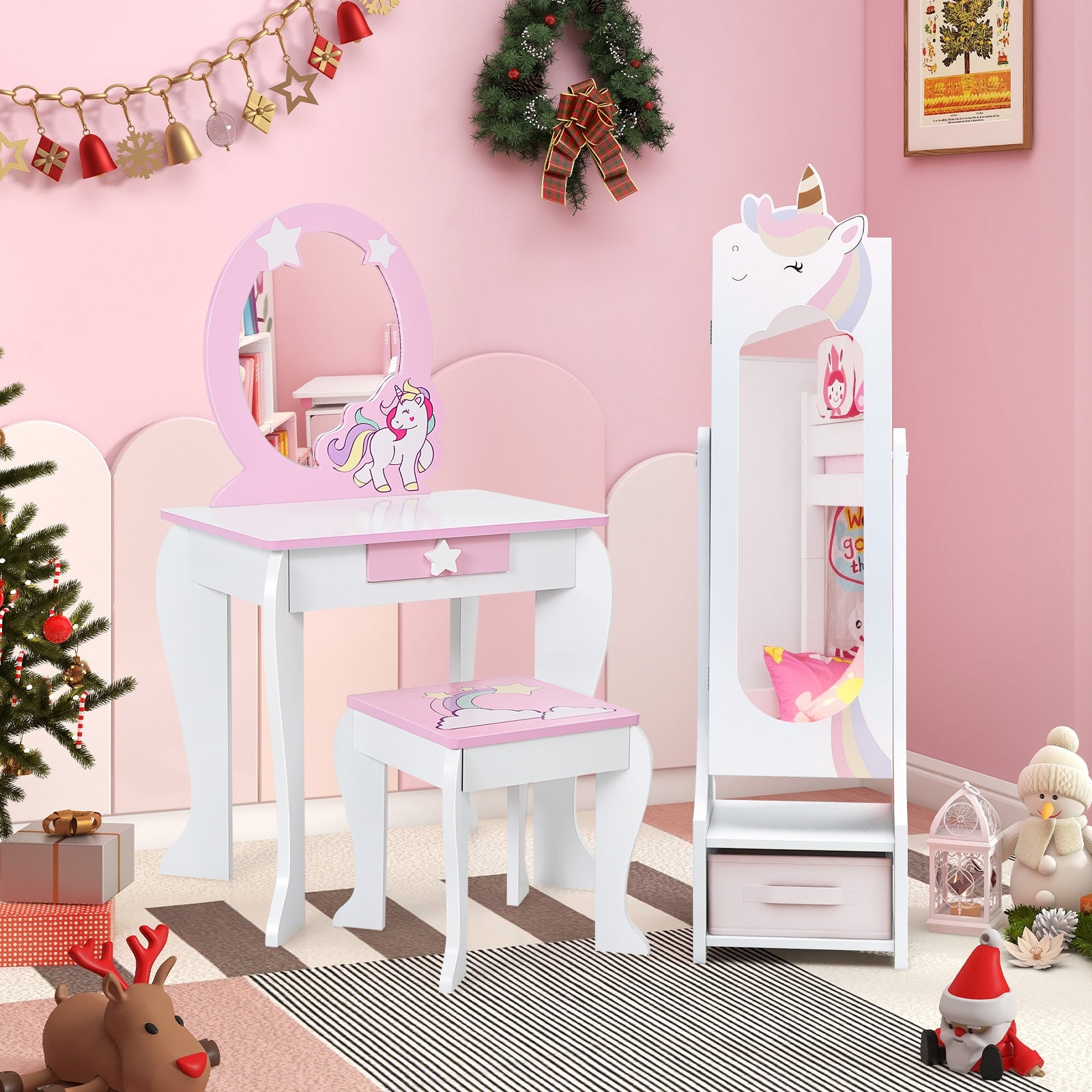 Kids Jewelry Armoire Cabinet with Storage and 2 Tilt Angles-White