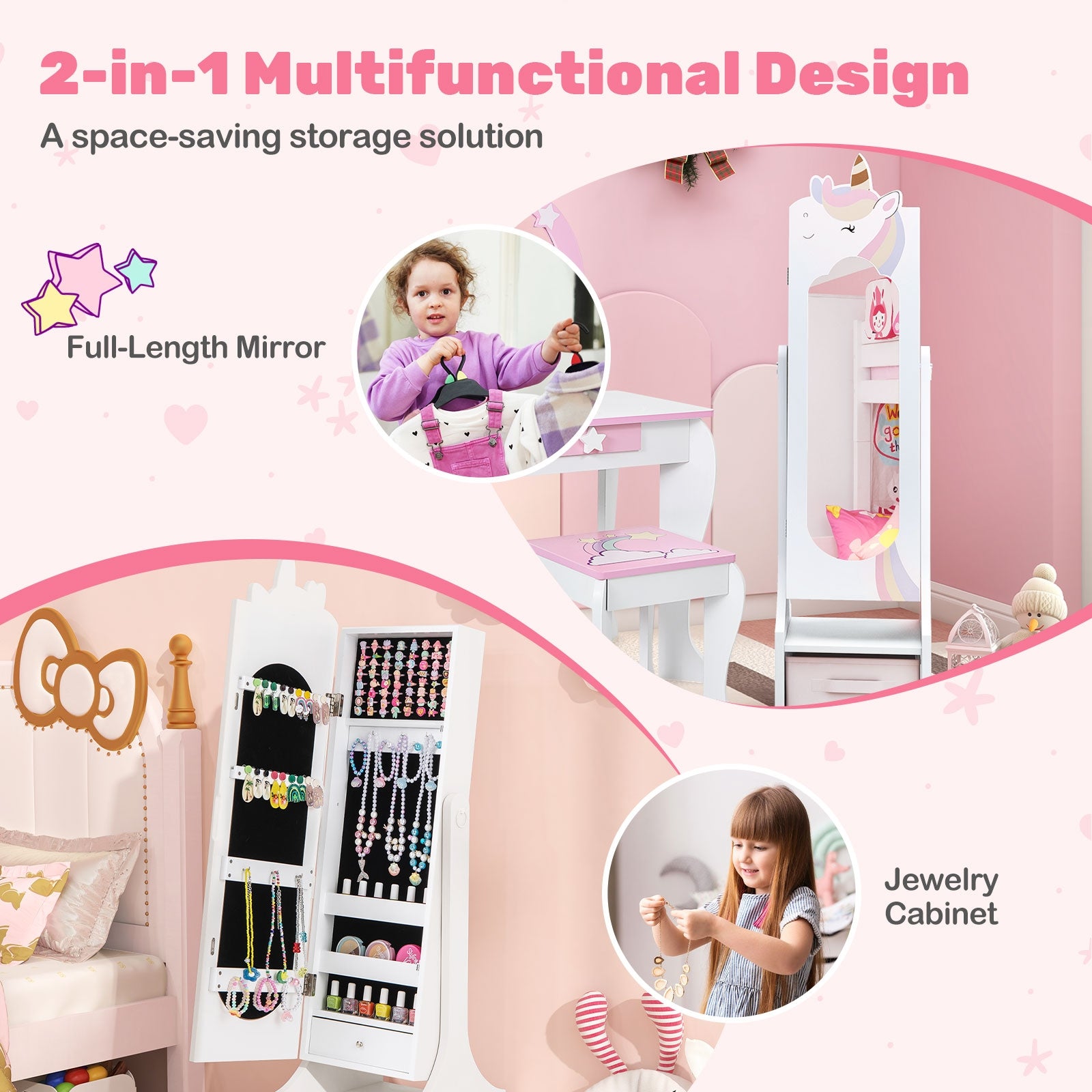 Kids Jewelry Armoire Cabinet with Storage and 2 Tilt Angles-White