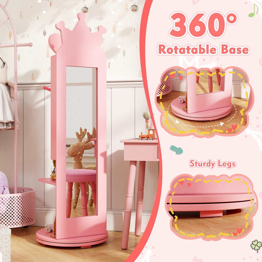 Free-Standing Full Length Mirror Kids Jewelry Armoire Cabinet-Pink