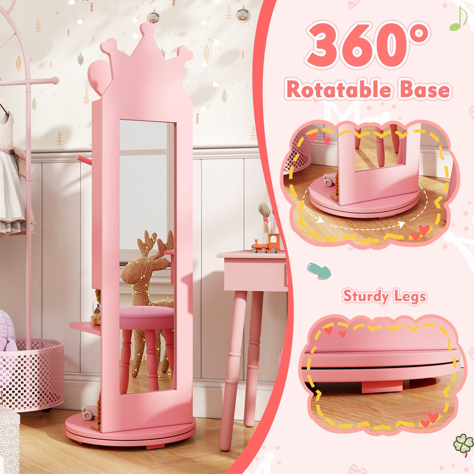 Free-Standing Full Length Mirror Kids Jewelry Armoire Cabinet-Pink
