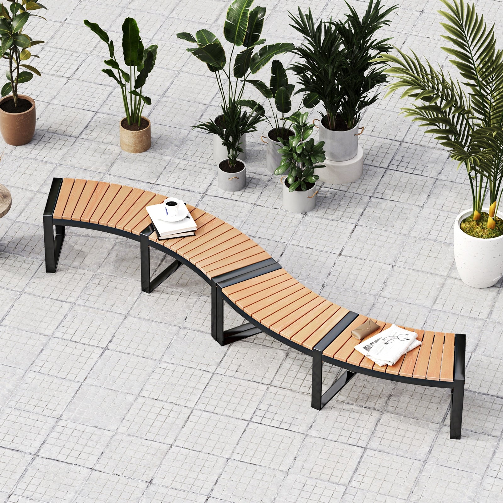 Banc de patio incurvé avec assise à lattes et pieds en métal - 2 pièces