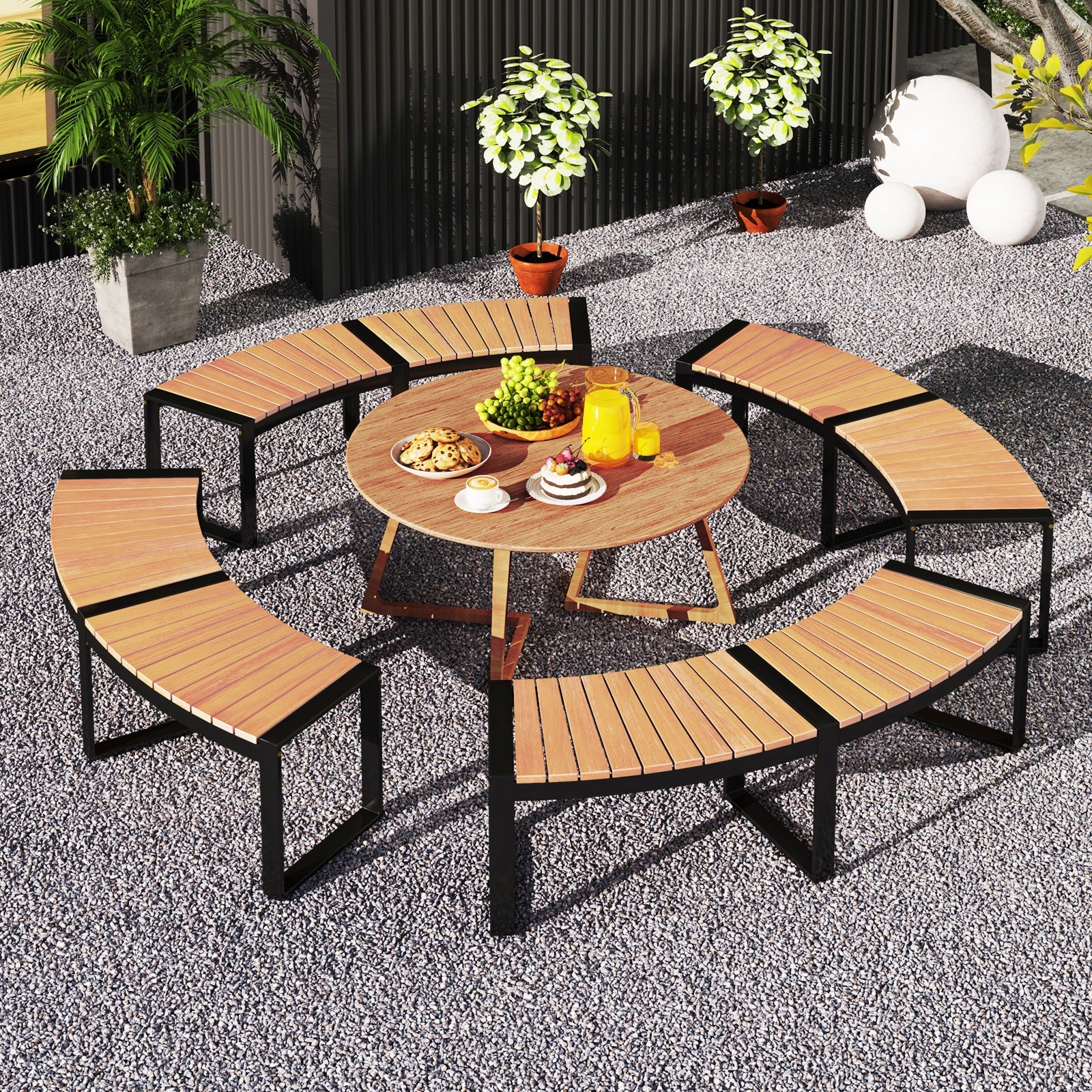 Banc de patio incurvé avec assise à lattes et pieds en métal - 2 pièces
