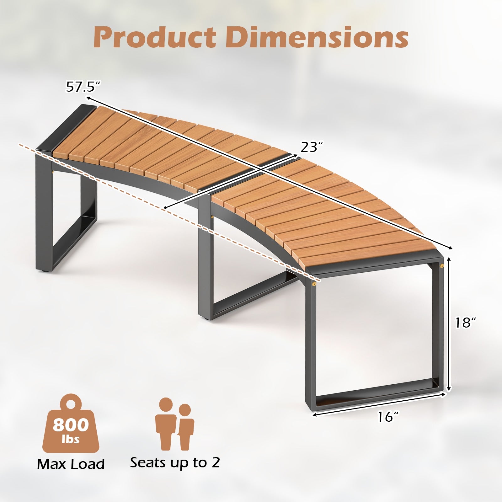 Banc de patio incurvé avec assise à lattes et pieds en métal - 2 pièces