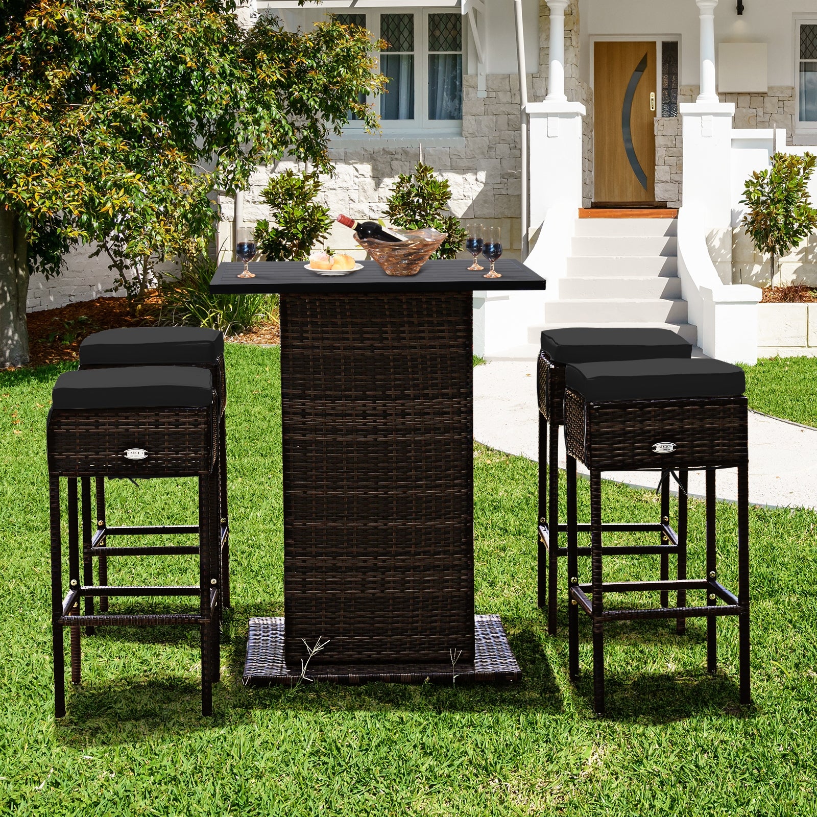 5 Pieces Patio Rattan Bar Furniture Set with Cushions and Hidden Storage Shelf-Black