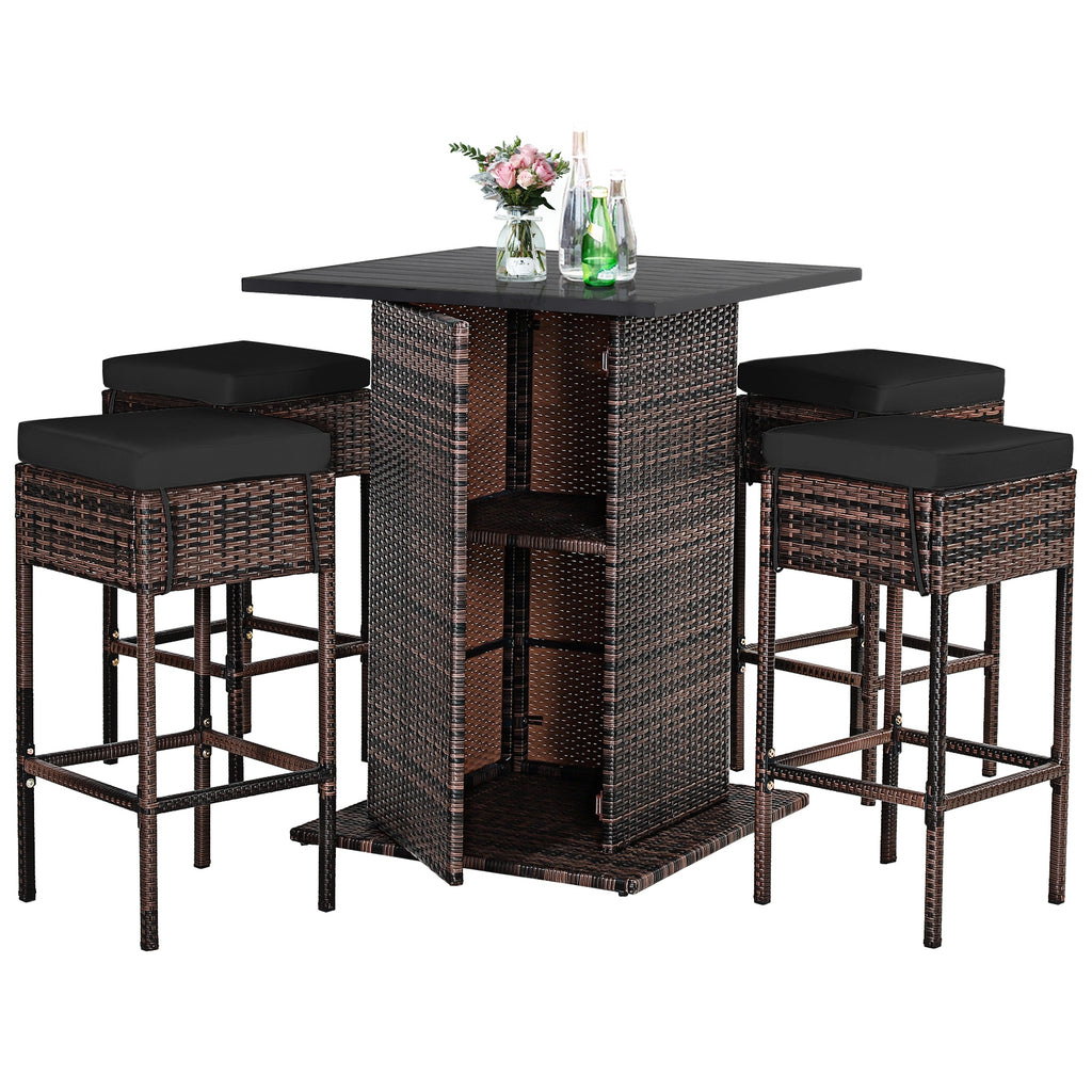 5 Pieces Patio Rattan Bar Furniture Set with Cushions and Hidden Storage Shelf-Black
