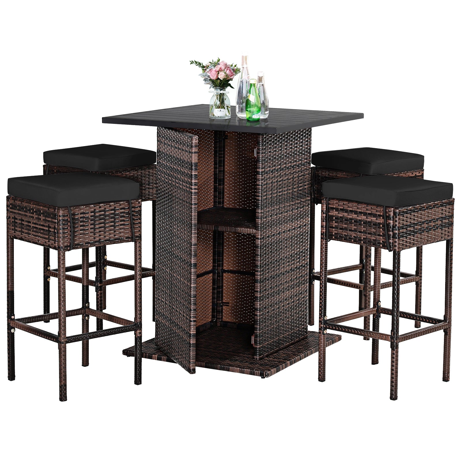 5 Pieces Patio Rattan Bar Furniture Set with Cushions and Hidden Storage Shelf-Black