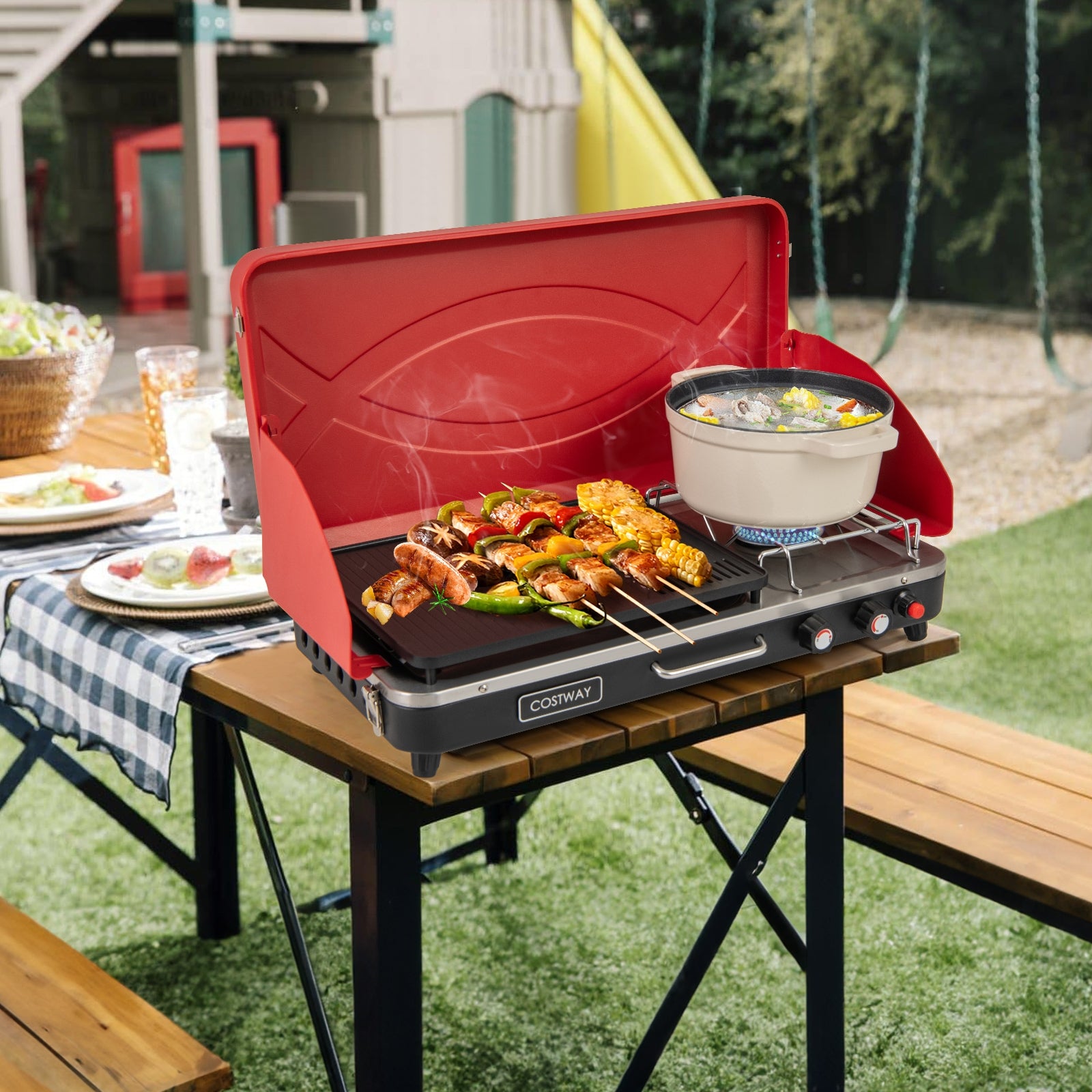 Grill et réchaud de camping 2-en-1 au gaz avec 4 pieds détachables - Rouge