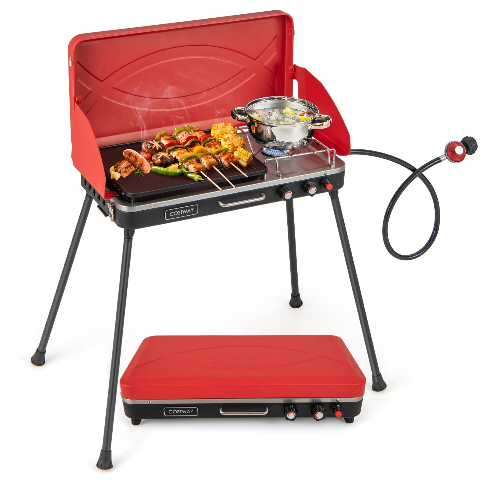 Grill et réchaud de camping 2-en-1 au gaz avec 4 pieds détachables - Rouge