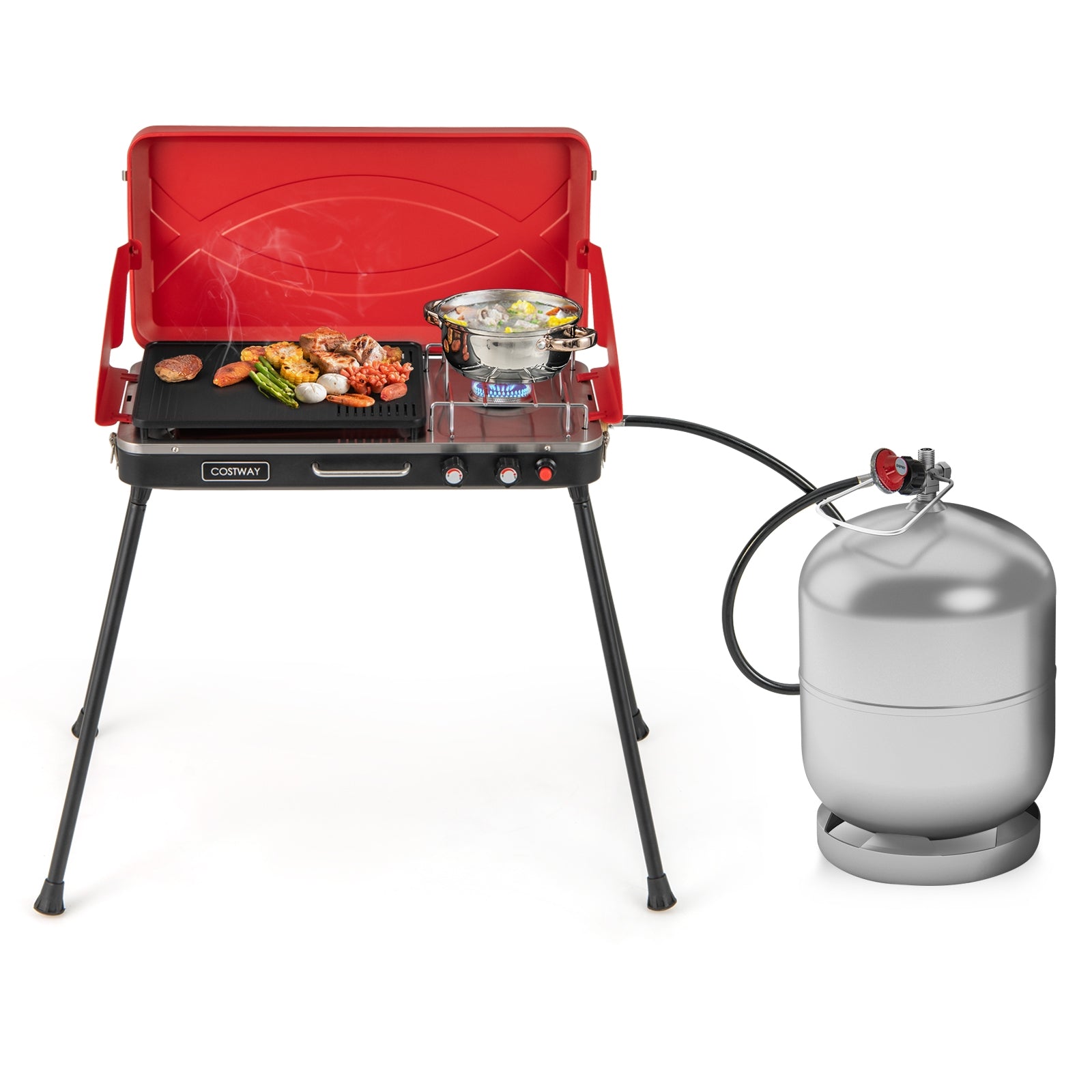 Grill et réchaud de camping 2-en-1 au gaz avec 4 pieds détachables - Rouge