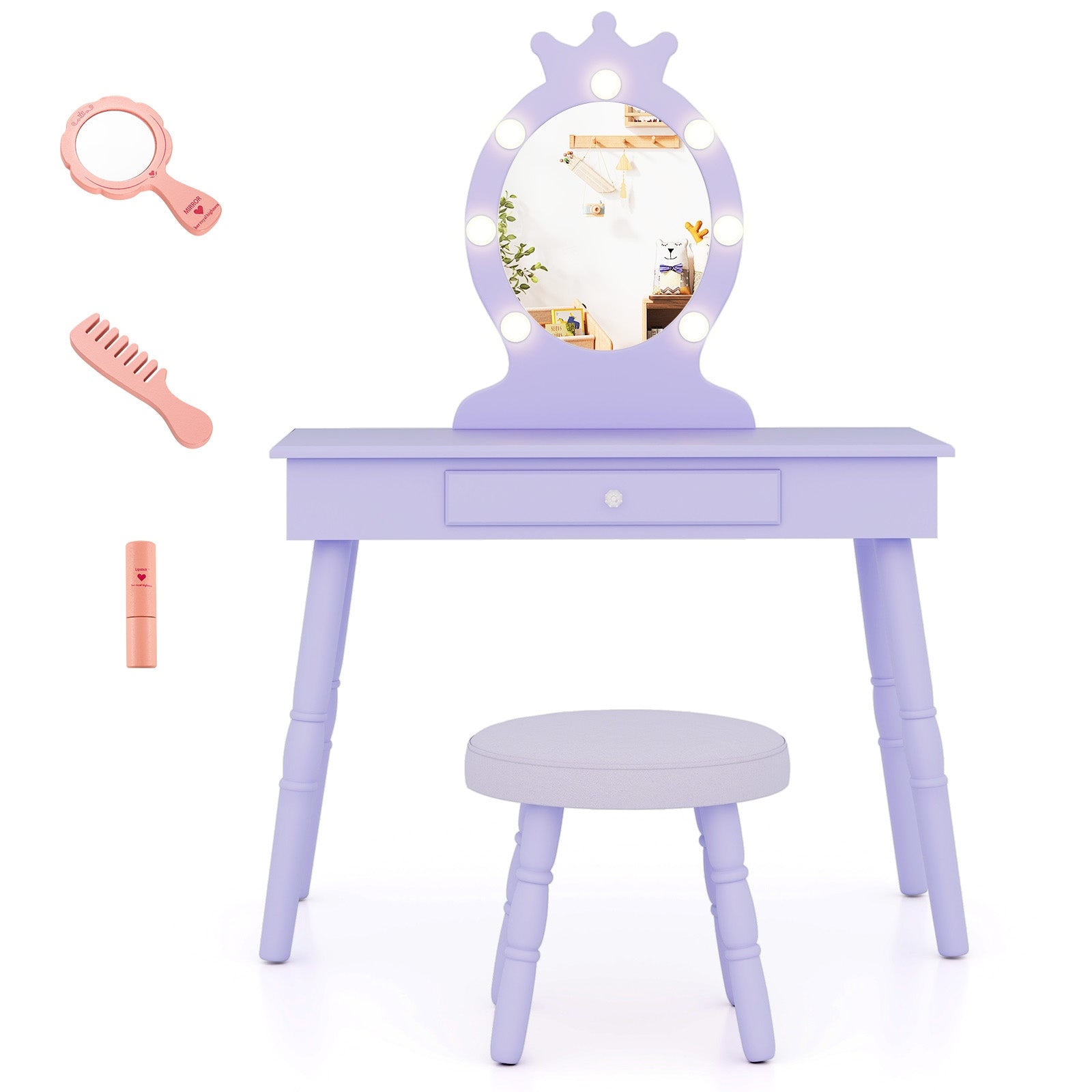 Kids Vanity Set with Lighted Mirror with Adjustable Brightness and Large Drawer-Purple