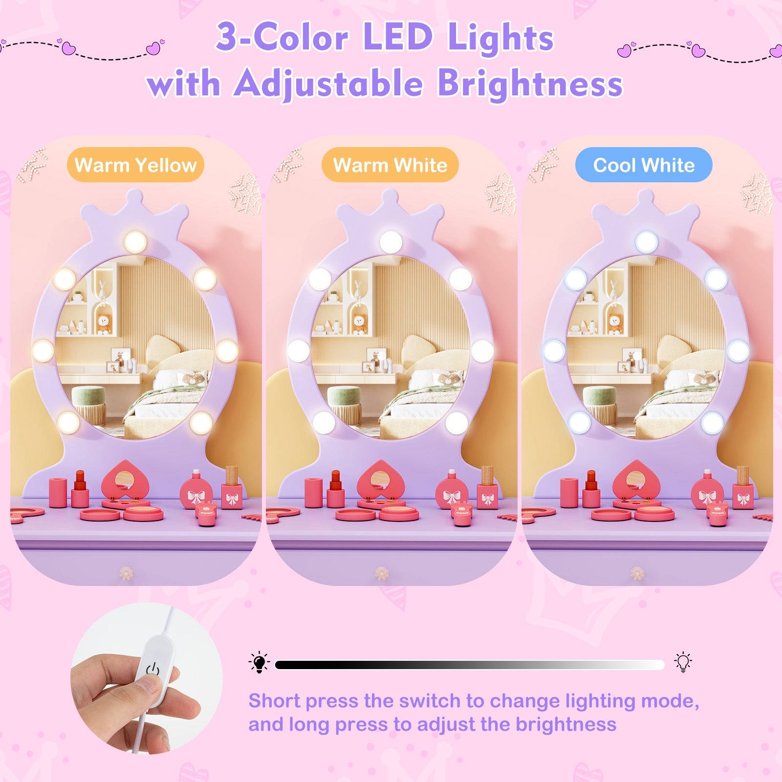 Kids Vanity Set with Lighted Mirror with Adjustable Brightness and Large Drawer-Purple