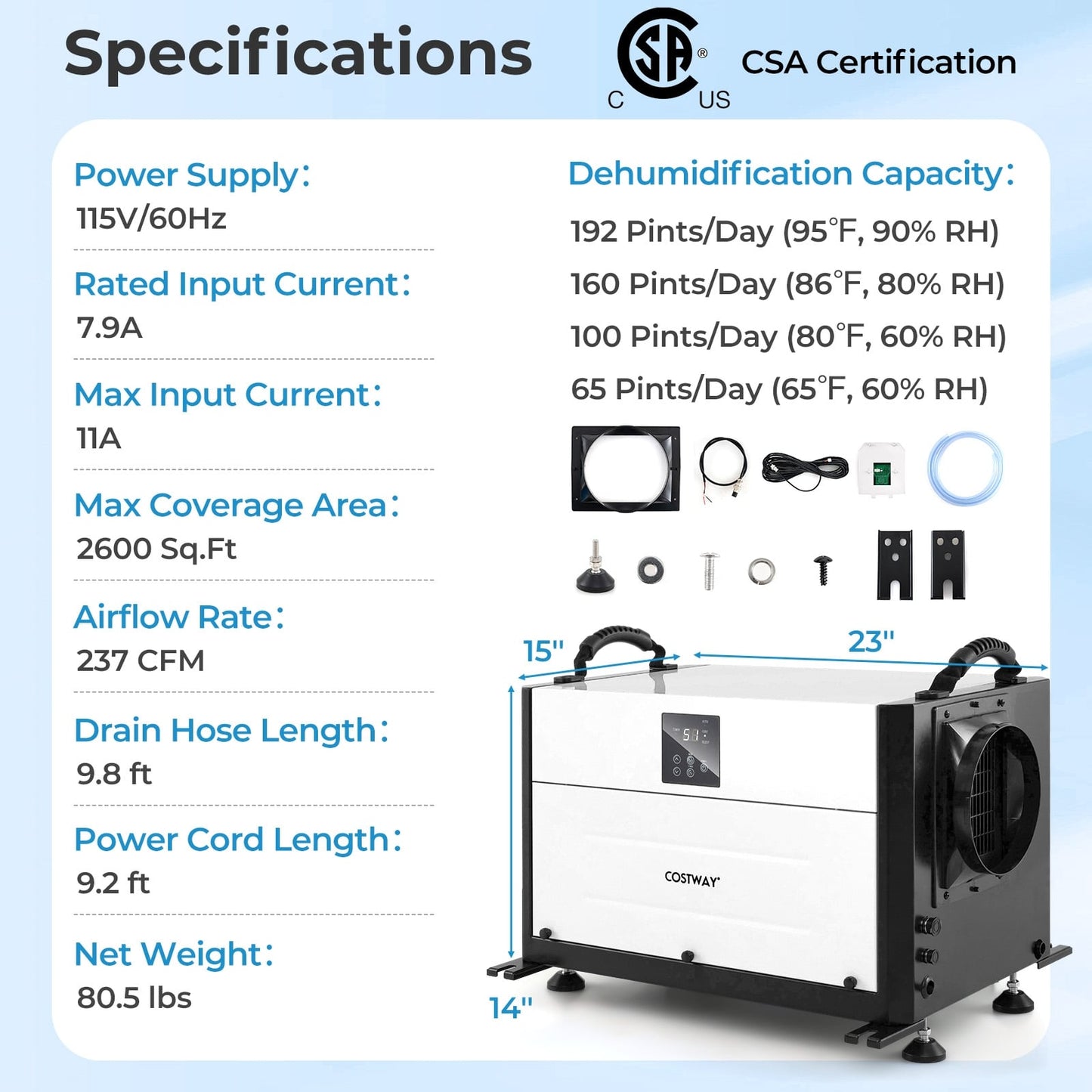 192 Pint Crawl Space Dehumidifier with 3 Modes and 24H Timer-White