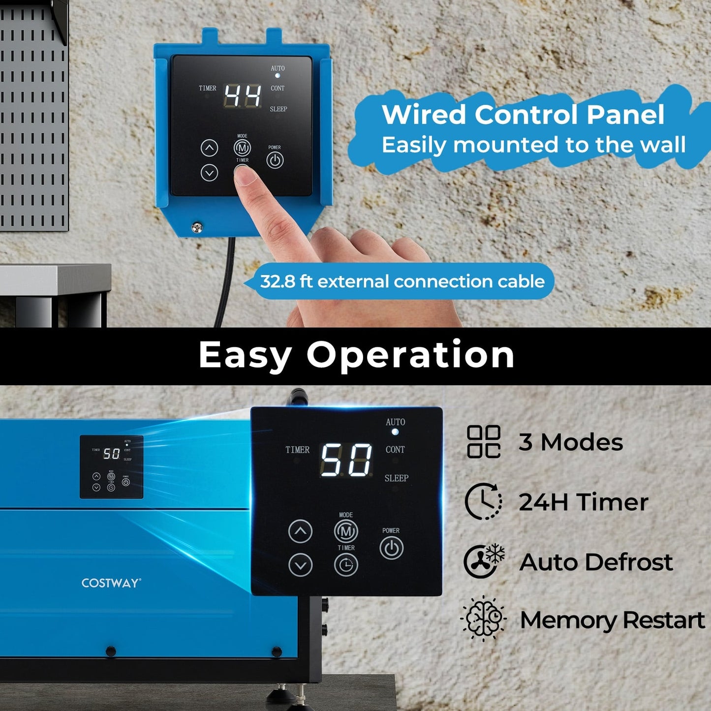 155 Pint Crawl Space Dehumidifier with 3 Modes and 24H Timer-Blue