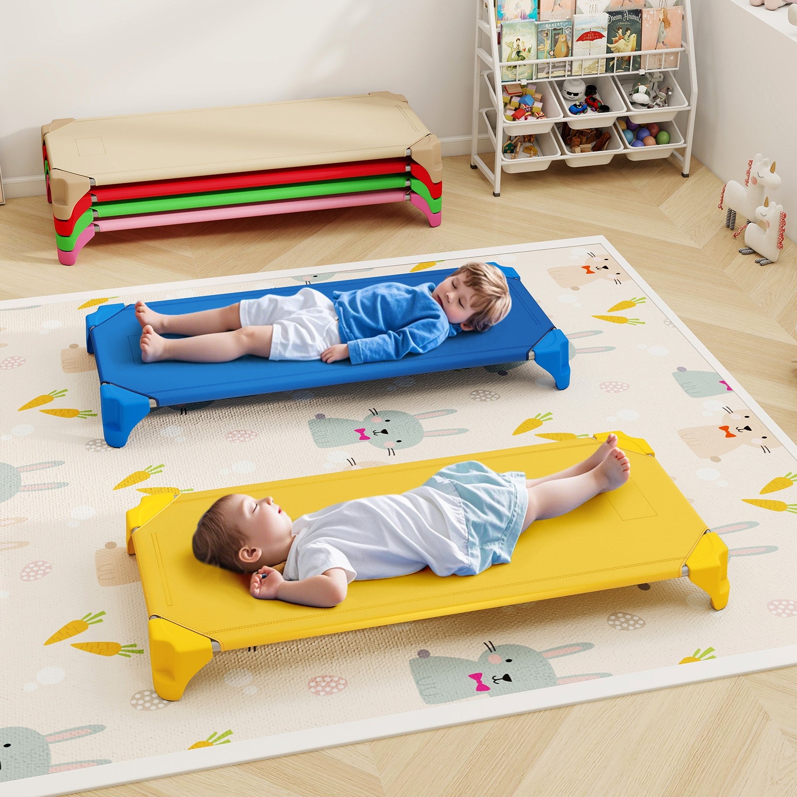 Portable 6 Pack Stackable Daycare Cots Sleeping Bed for Kids 52 Inch-Multicolor