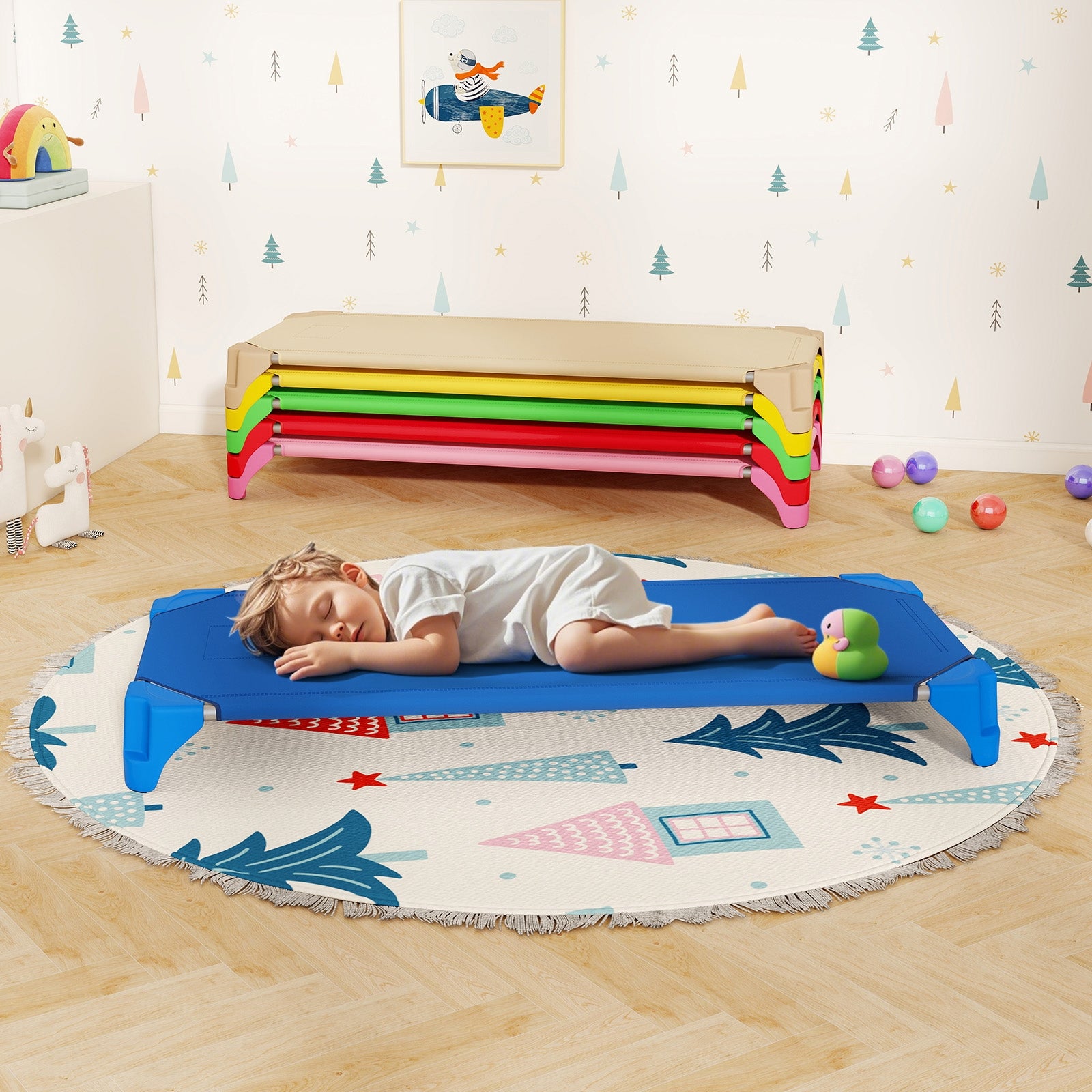 Portable 6 Pack Stackable Daycare Cots Sleeping Bed for Kids 52 Inch-Multicolor