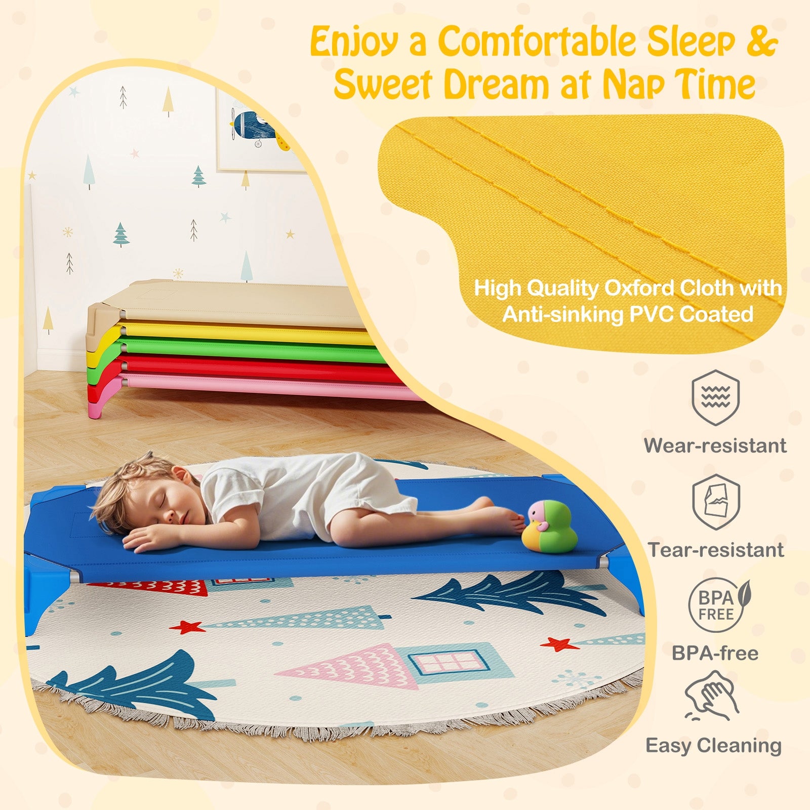 Portable 6 Pack Stackable Daycare Cots Sleeping Bed for Kids 52 Inch-Multicolor