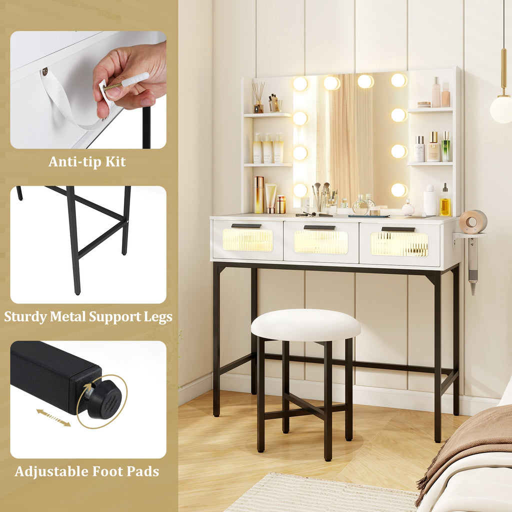 Bedroom Makeup Vanity Desk with Hollywood Mirror and Lights-White
