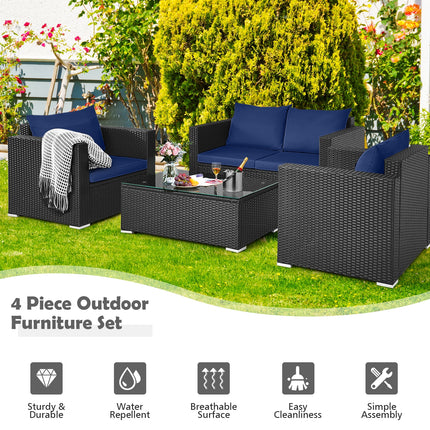 4 Pieces Patio Rattan Conversation Set with Padded Cushions-Navy