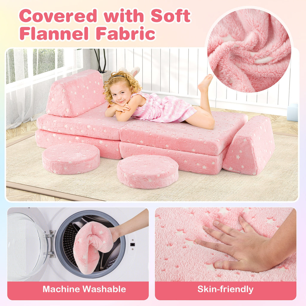 Modular Kids Play Couch Set Glow in the Dark with Portable Handles-Pink
