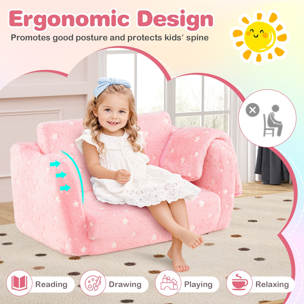 2-in-1 Folding Kids Couch with Blanket Glow in the Dark-Pink