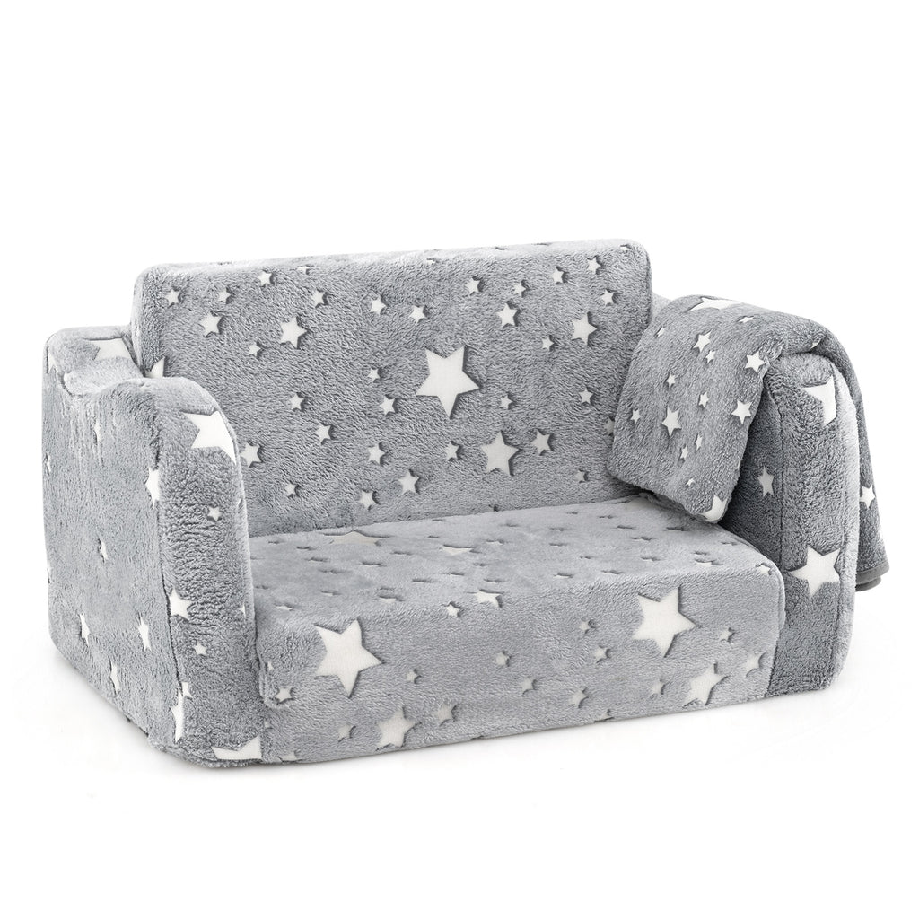 2-in-1 Folding Kids Couch with Blanket Glow in the Dark-Gray