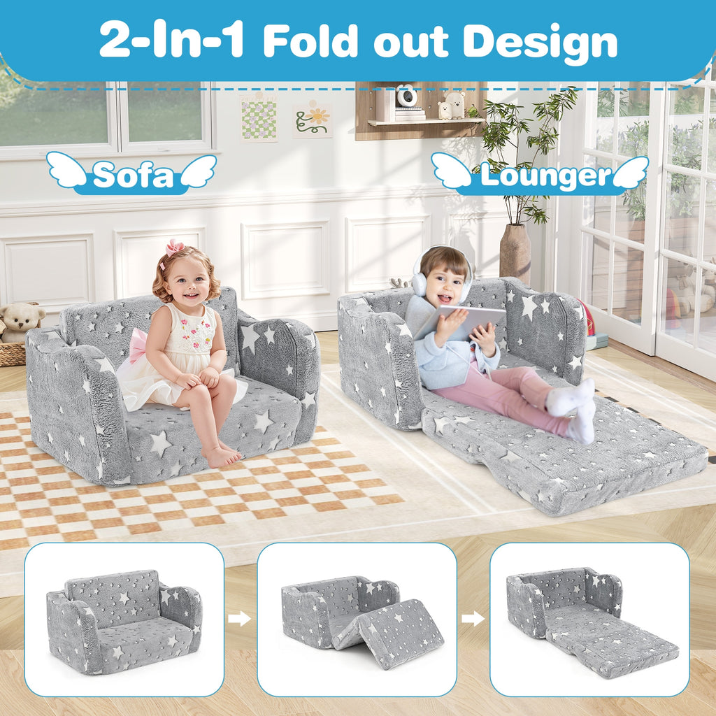 2-in-1 Folding Kids Couch with Blanket Glow in the Dark-Gray