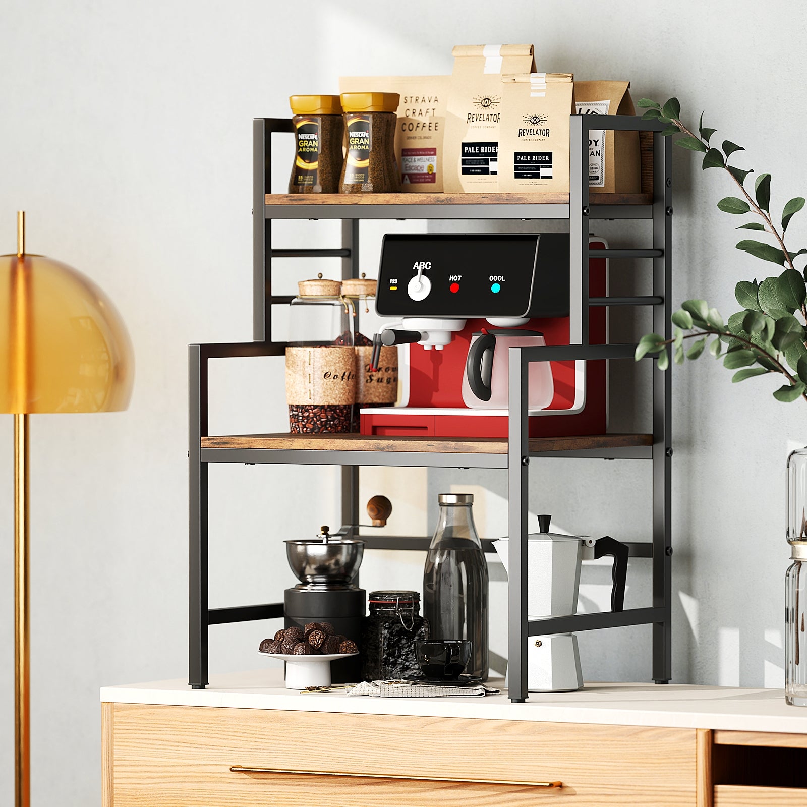 3-Tier Microwave Stand with 2 Open Shelves and Heavy-duty Metal Frame-Rustic Brown
