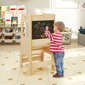 Toddler Kitchen Step Stool with Activity Chalkboard and Adjustable Height-Natural