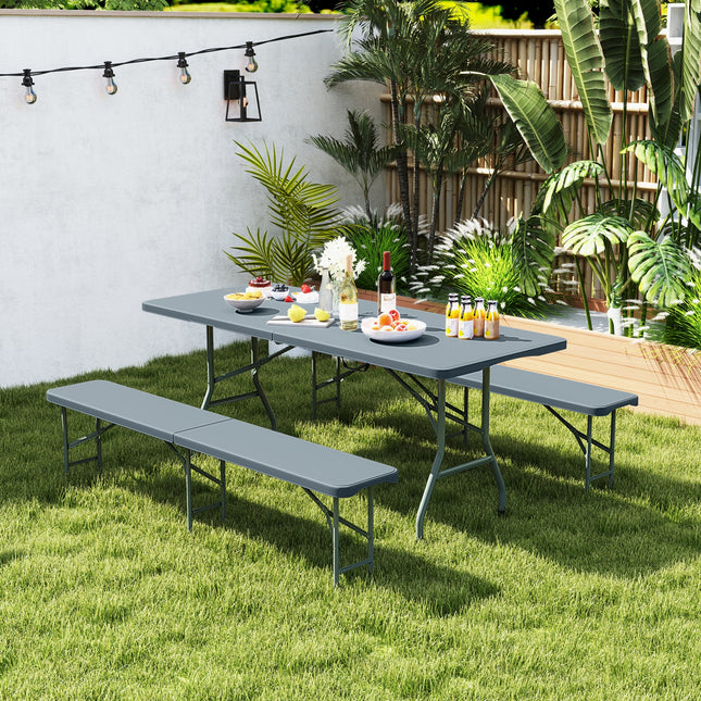 6 Feet Plastic Folding Bench Portable Seat with Handle and Lock-Gray