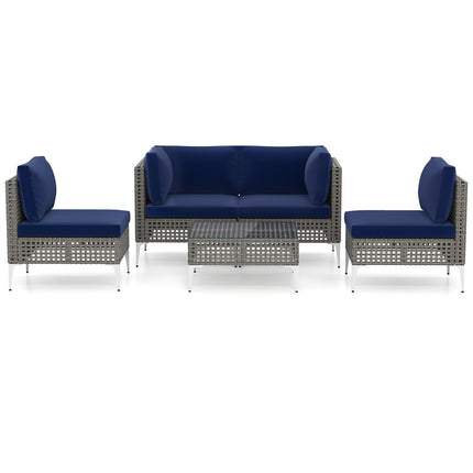 5 Piece Outdoor Furniture Set Patio Rattan Chairs with Tempered Glass Coffee Table-Navy