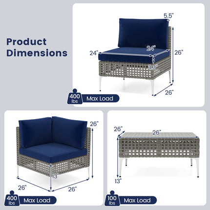 5 Piece Outdoor Furniture Set Patio Rattan Chairs with Tempered Glass Coffee Table-Navy