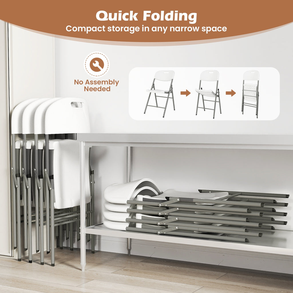 4 Pack Folding Stackable Chairs with Metal Frame and Carrying Handle-White