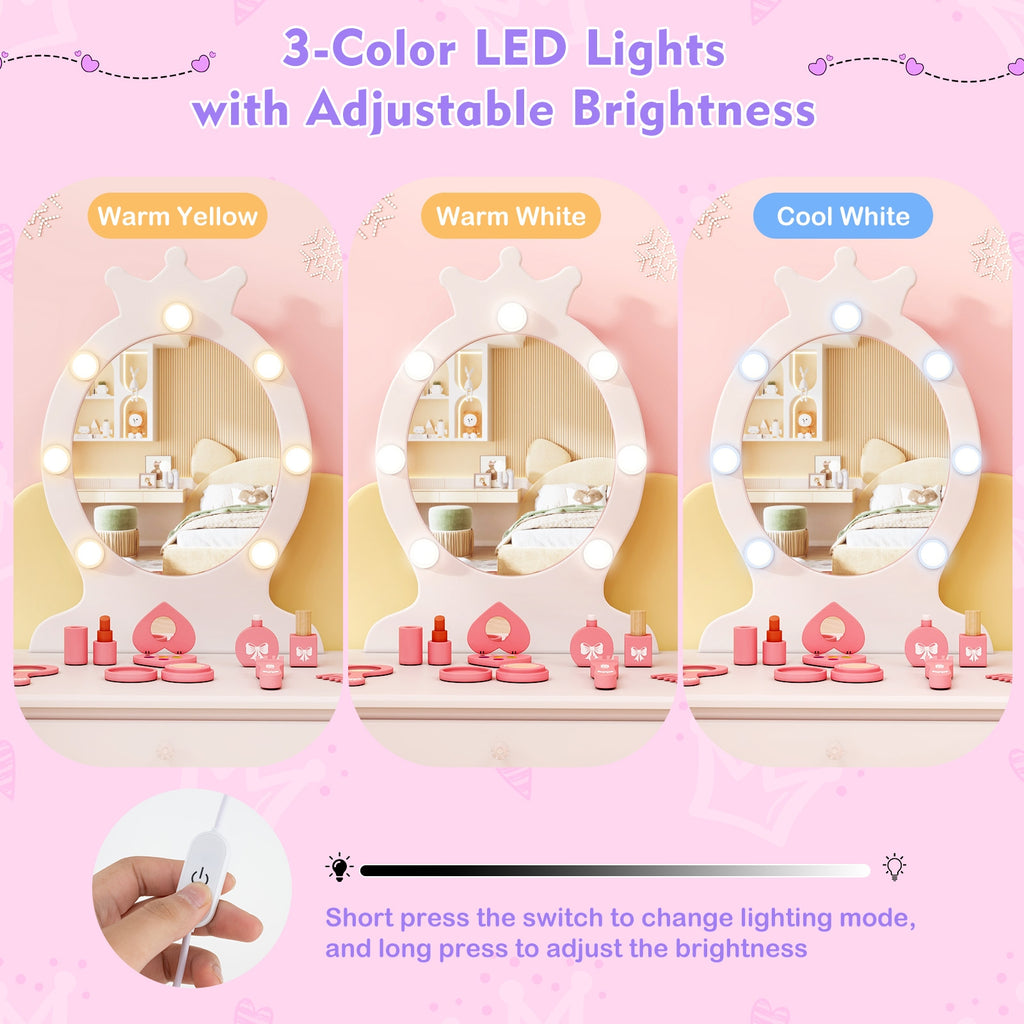 Kids Vanity Set with Lighted Mirror with Adjustable Brightness and Large Drawer-White