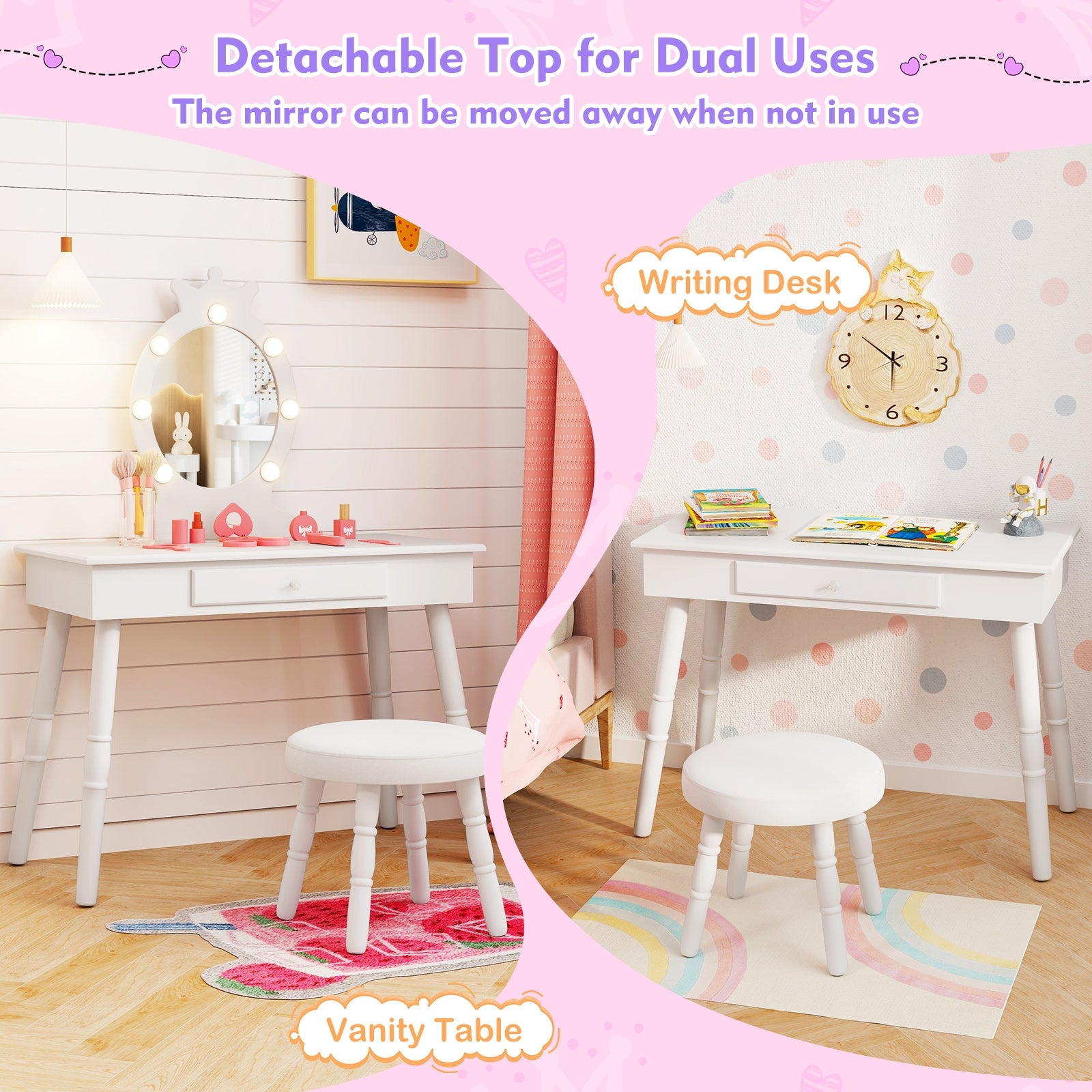Kids Vanity Set with Lighted Mirror with Adjustable Brightness and Large Drawer-White