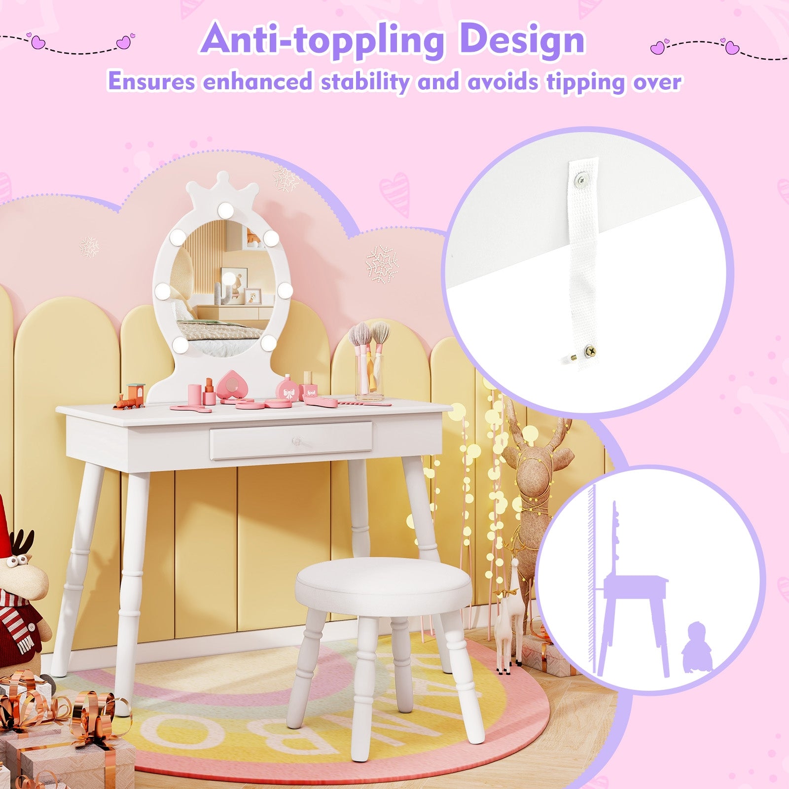 Kids Vanity Set with Lighted Mirror with Adjustable Brightness and Large Drawer-White