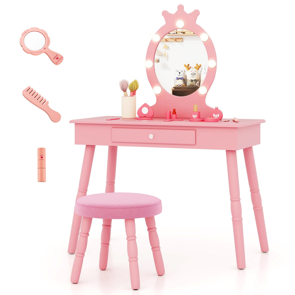 Kids Vanity Set with Lighted Mirror with Adjustable Brightness and Large Drawer-Pink