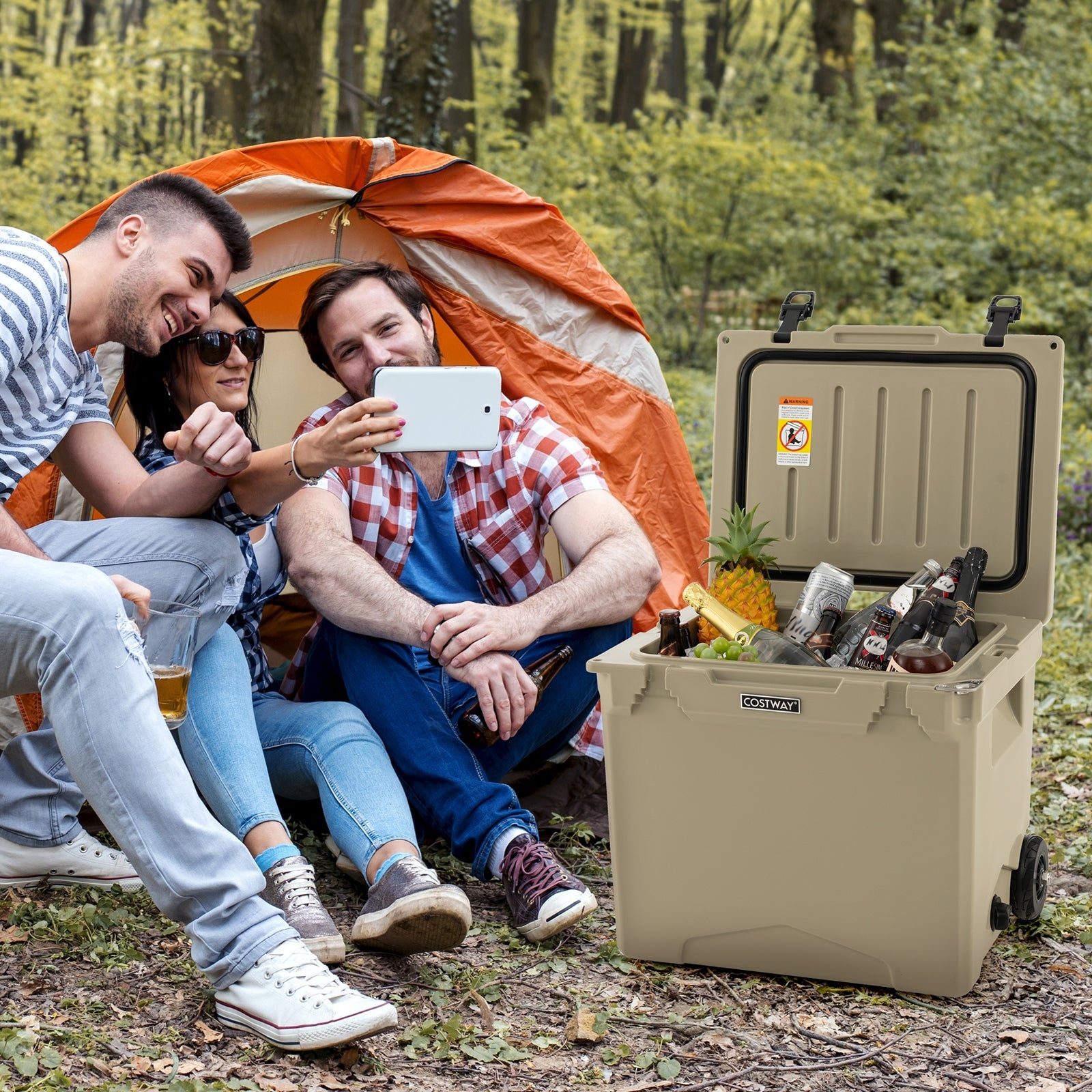 Glacière robuste de 40 L avec roues et poignée - Beige