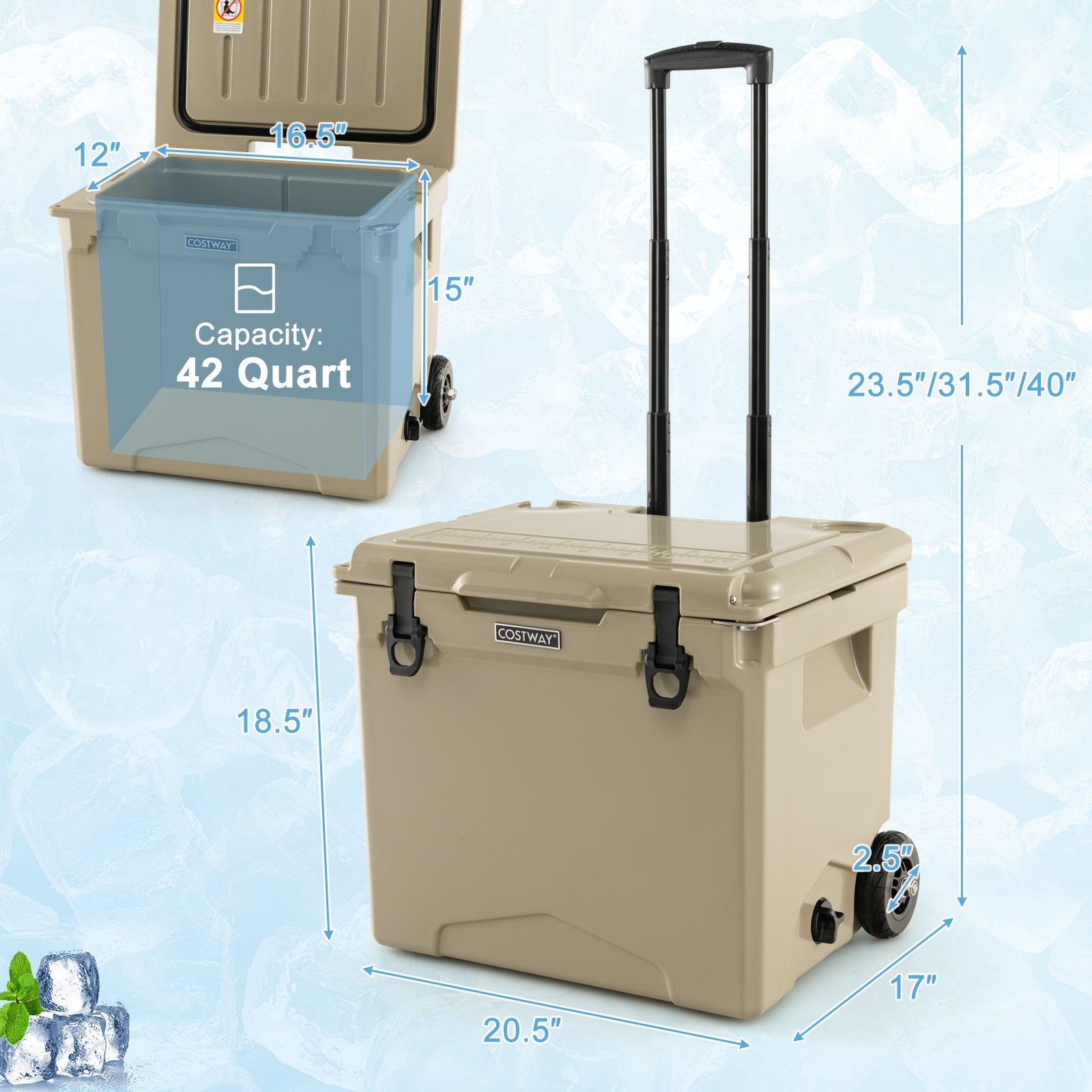 Glacière robuste de 40 L avec roues et poignée - Beige