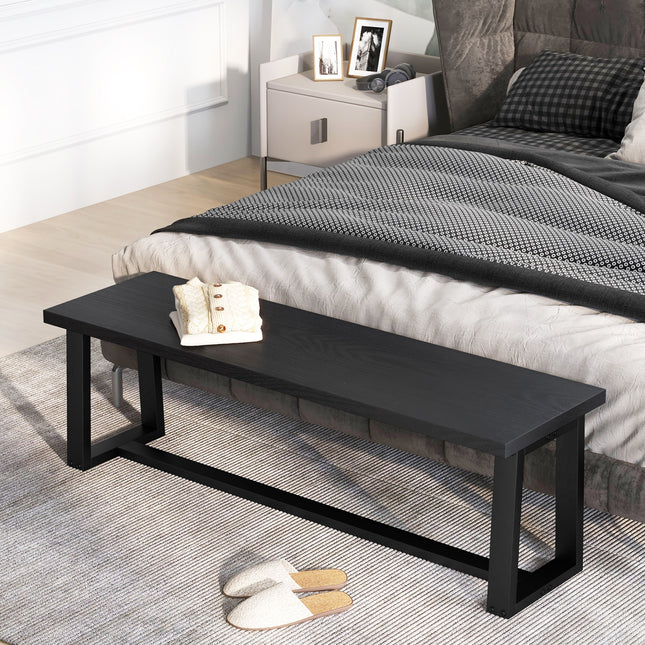 Wood Dining Bench with Metal Frame and Adjustable Footpads-Black