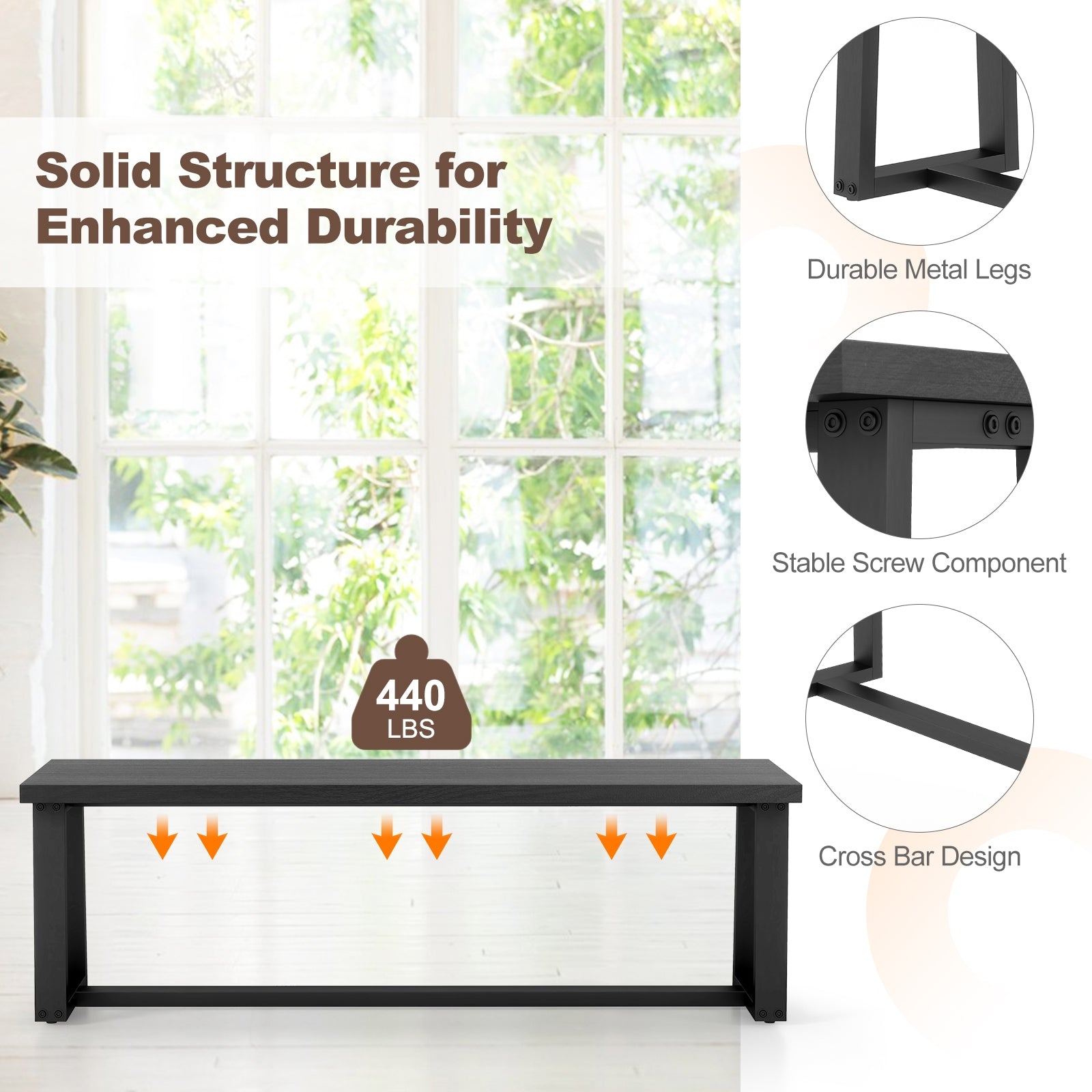 Wood Dining Bench with Metal Frame and Adjustable Footpads-Black