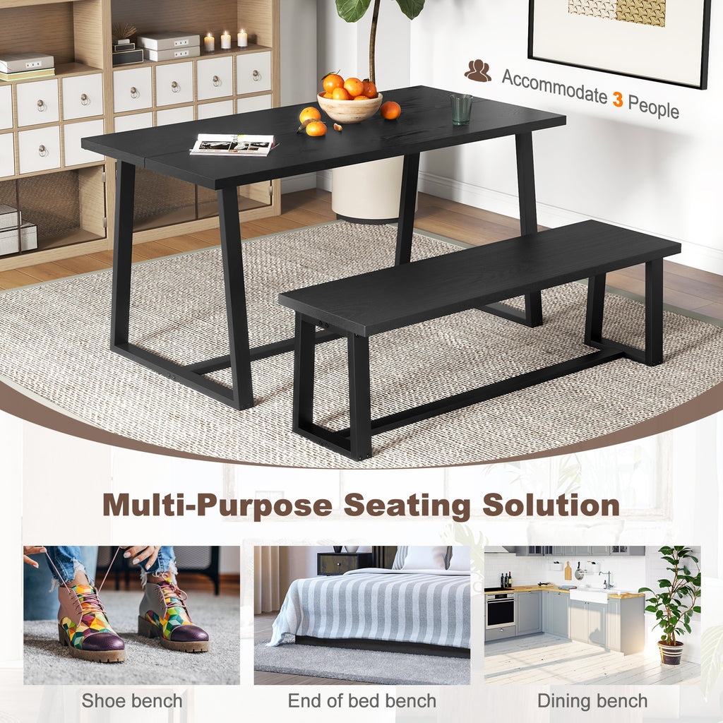 Wood Dining Bench with Metal Frame and Adjustable Footpads-Black