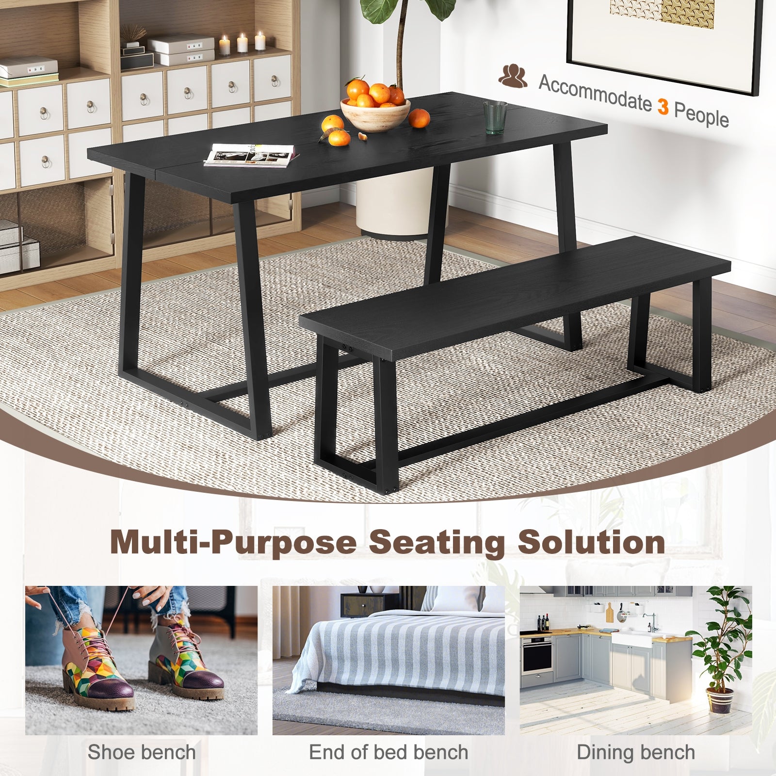 Wood Dining Bench with Metal Frame and Adjustable Footpads-Black