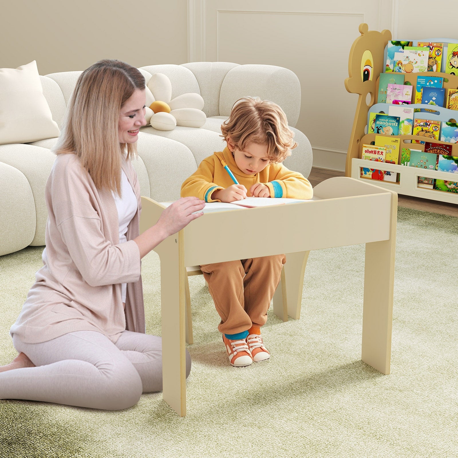 Kids Table and Chair Set with Wide Tabletop and Curved Edges for Kids Room-White