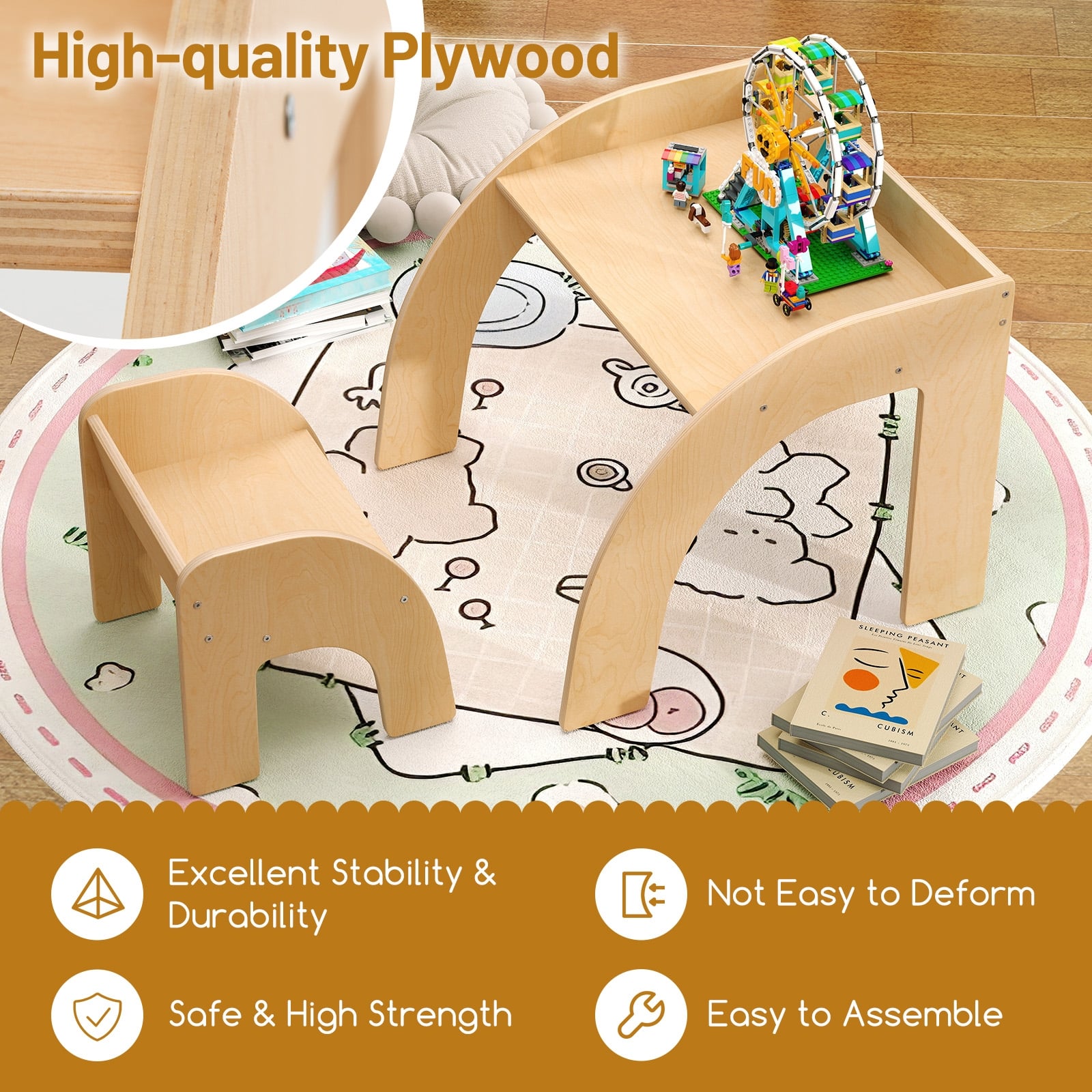 Kids Table and Chair Set with Wide Tabletop and Curved Edges for Kids Room-Natural