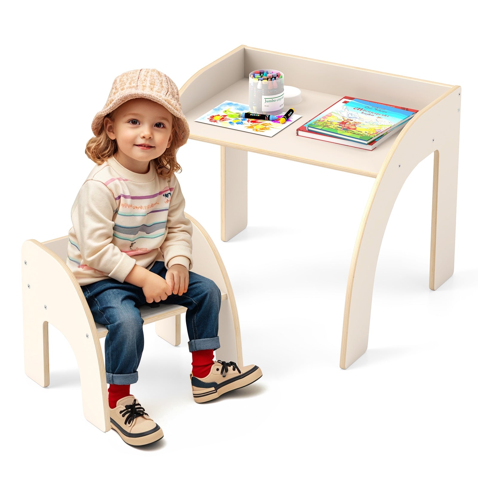 Kids Table and Chair Set with Wide Tabletop and Curved Edges for Kids Room-White