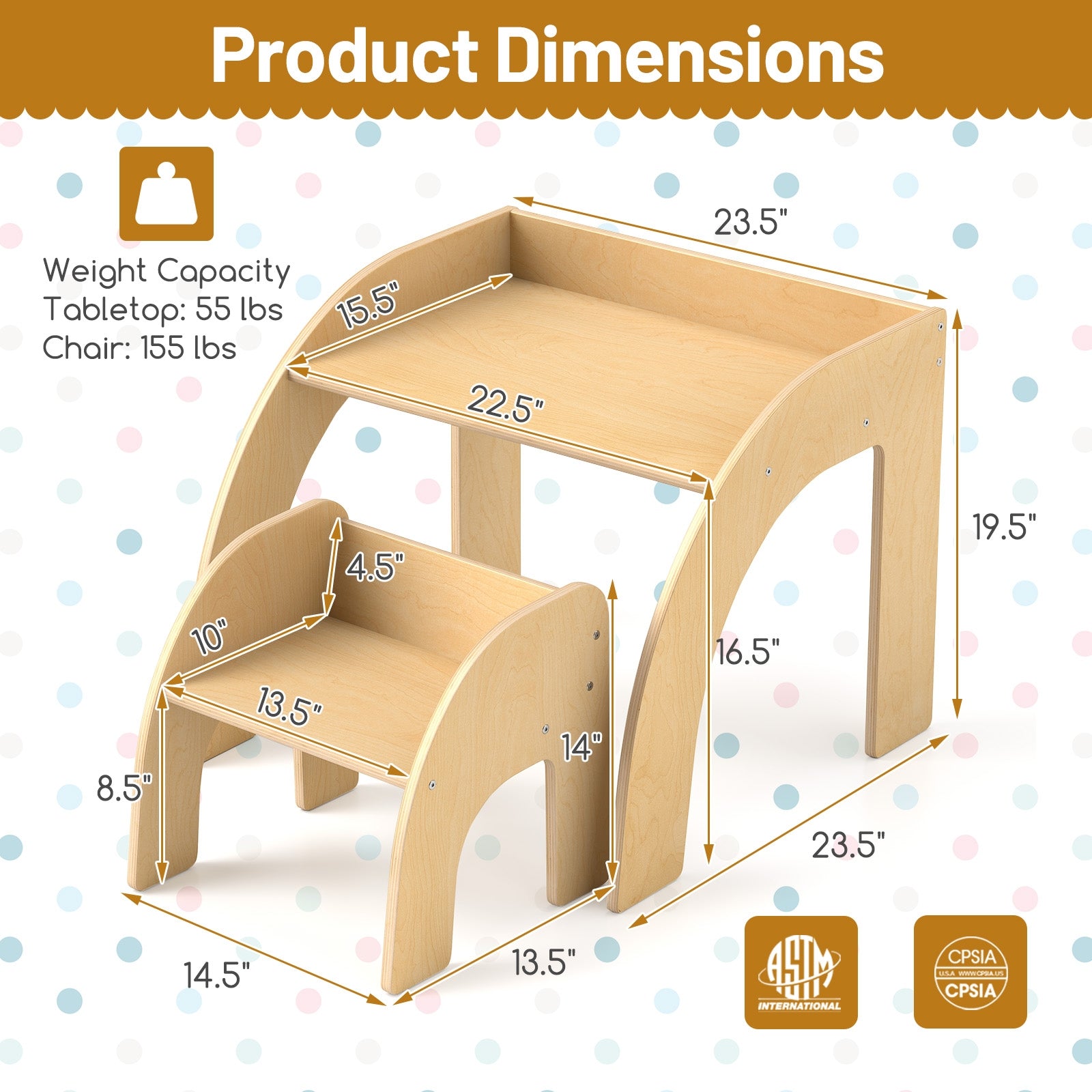 Kids Table and Chair Set with Wide Tabletop and Curved Edges for Kids Room-Natural