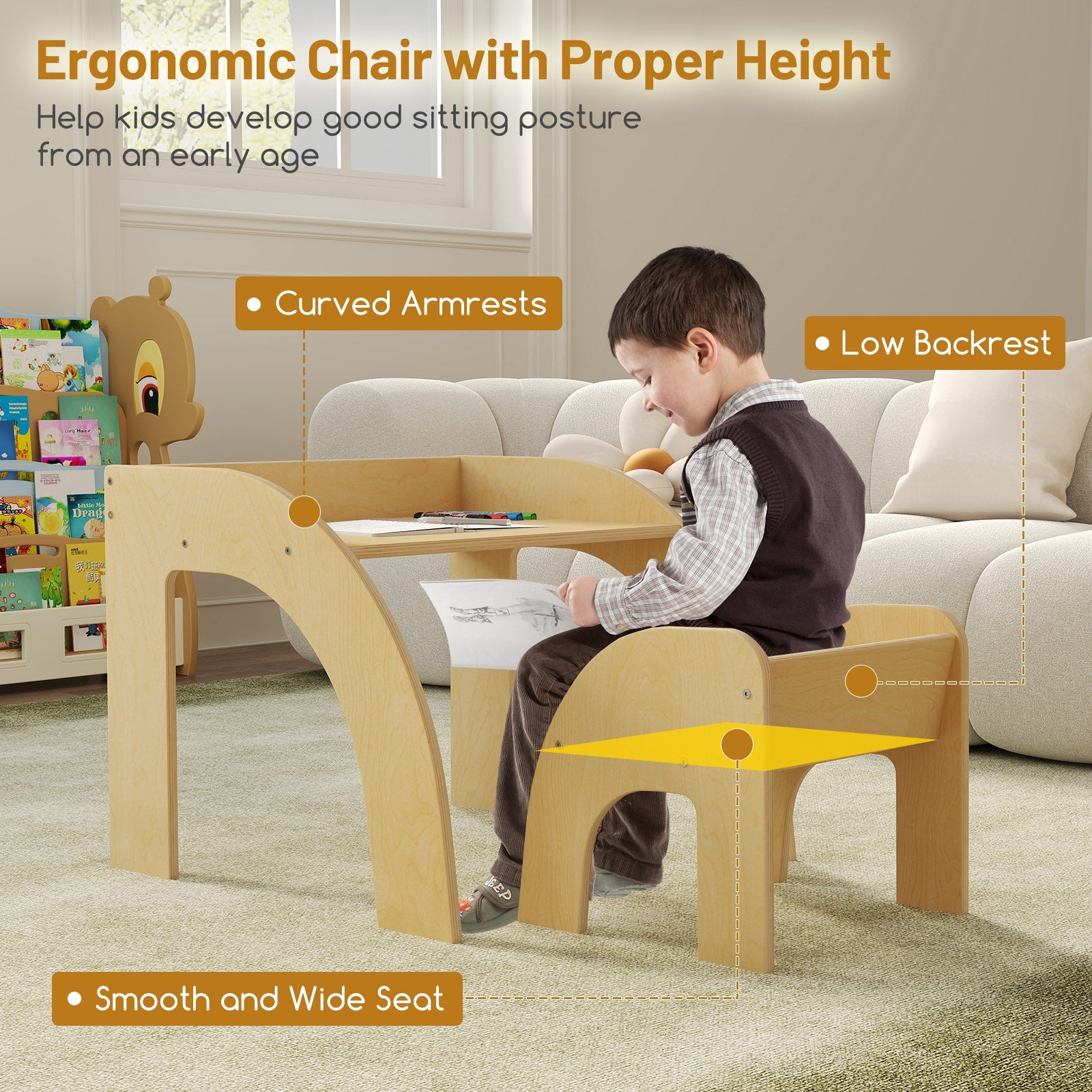 Kids Table and Chair Set with Wide Tabletop and Curved Edges for Kids Room-Natural